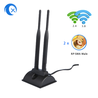 Antenne WiFi 6dBi avec connecteur mâle RP-SMA 2.4GHz 5GHz Base magnétique à double bande pour les routeurs sans fil WiFi PCI-E